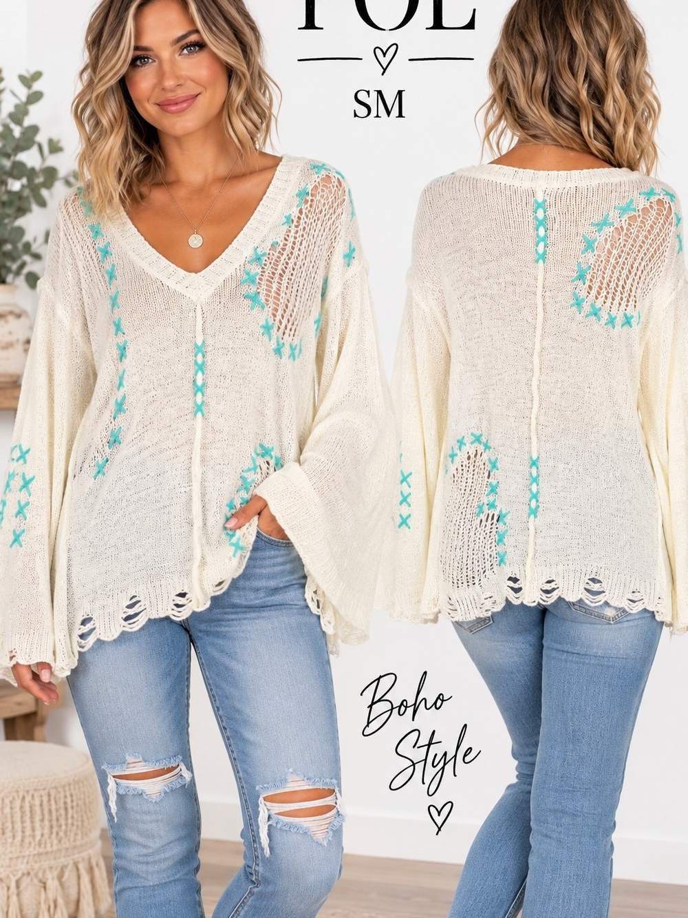 POL Cream Knit V-Neck Sweater with Turquoise Embroidered Accents